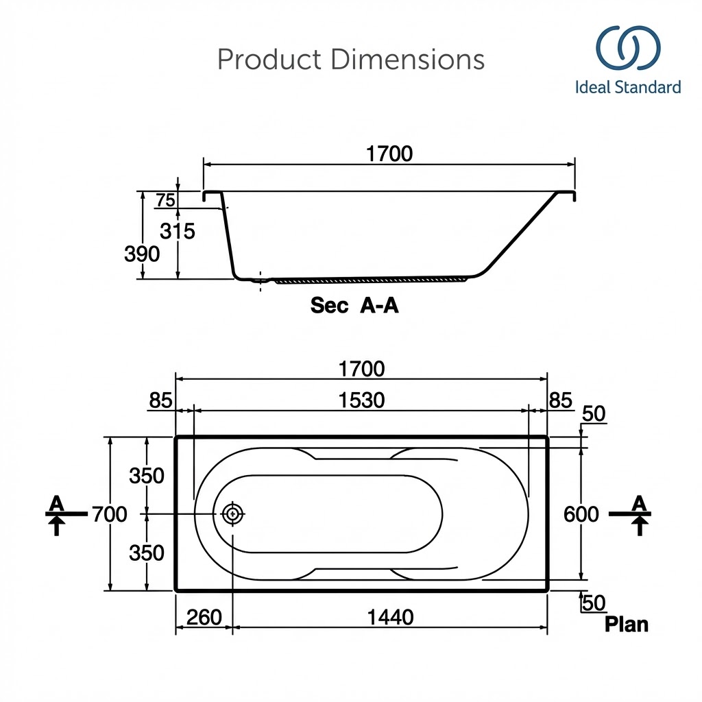 تيوليب بانيو بالجانب 170*70 سم بمقبض كروم IDEAL STANDARD 