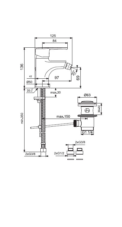 ايديال ستريم خلاط للبيديه مع طابق وفايظ IDEAL STANDARD