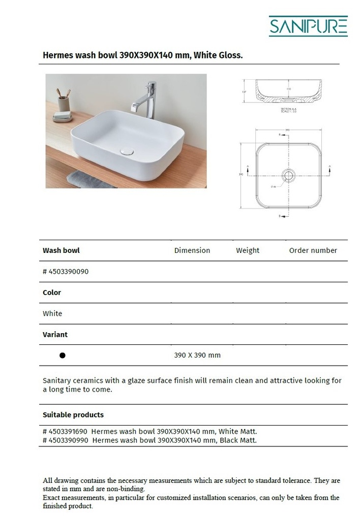 افونا حوض فوق رخامه 39*39 سم SANIPURE
